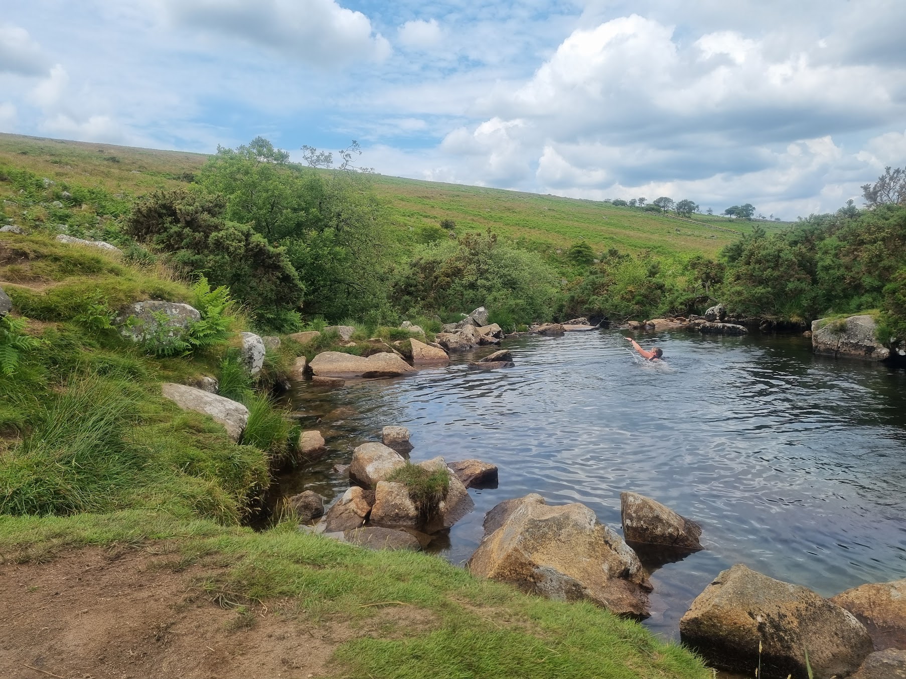 Cullever Steps wild swimming pool on Dartmoor, woman swimming